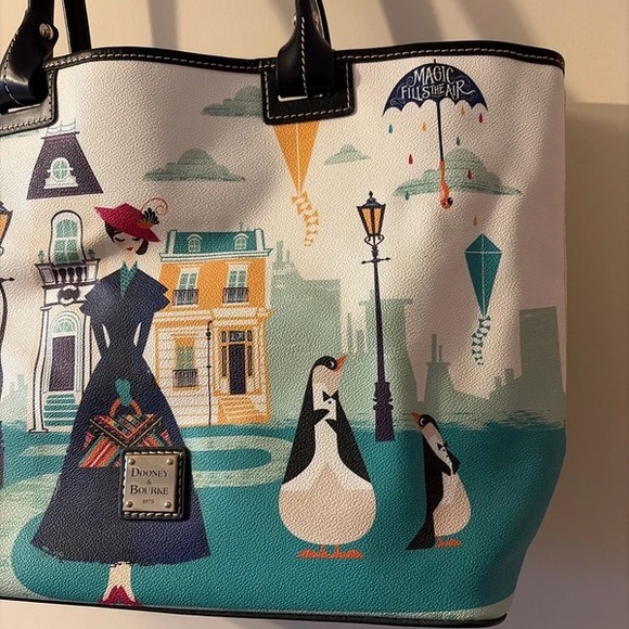 Dooney & Bourke White, Teal and Navy Penguin Cityscape Tote - Picture 3 of 7